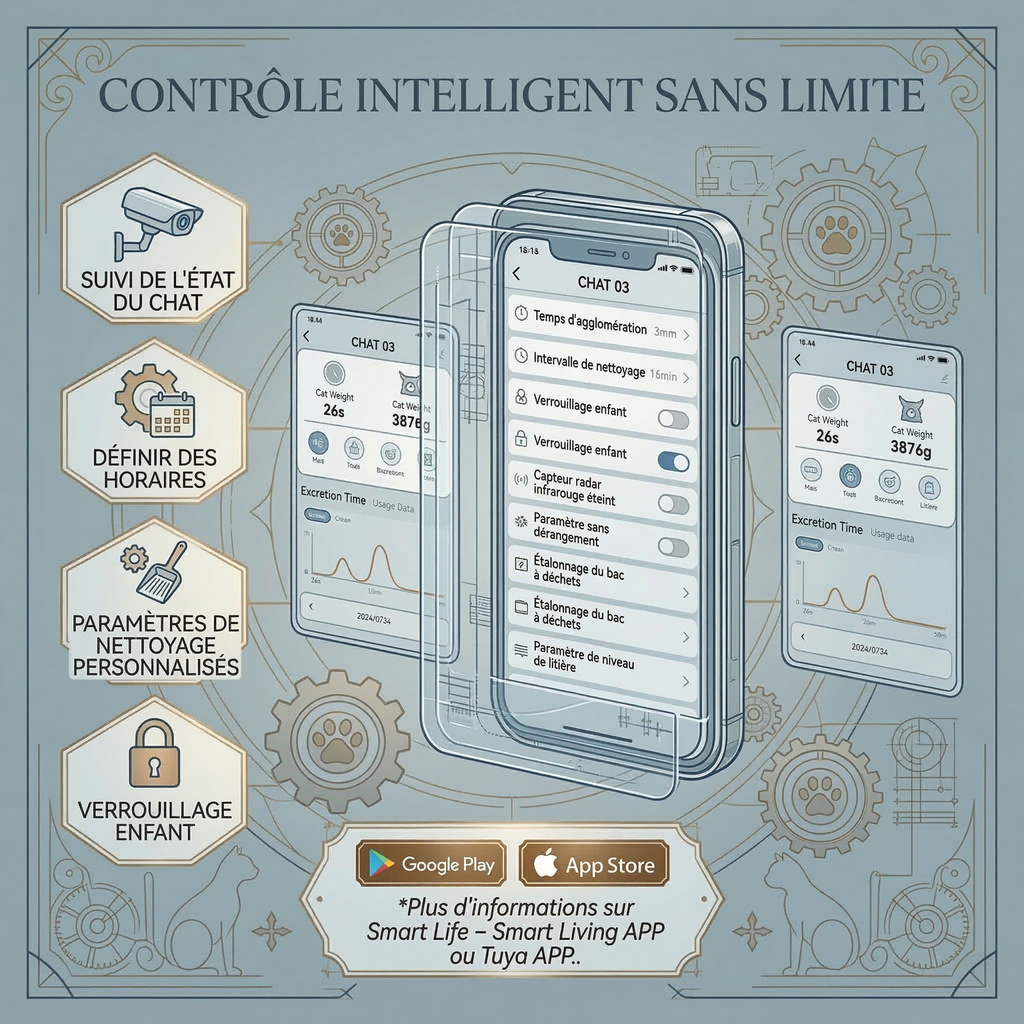 Litière automatique autonettoyante pour chat – Rotation 360° – Connectée WiFi (iOS/Android)
